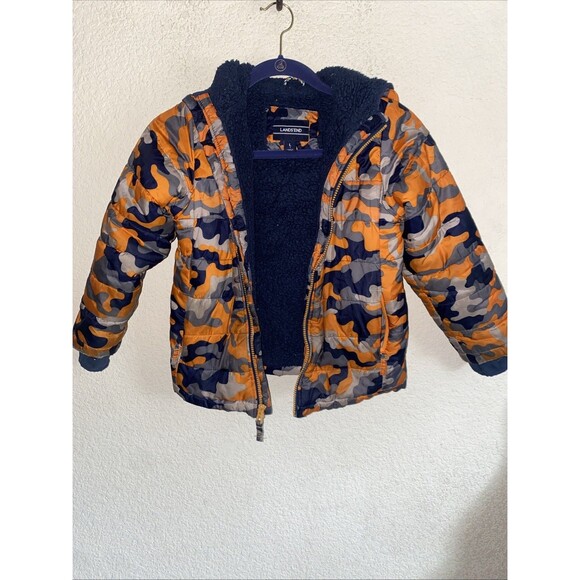 Lands End Jacket Boys Large 7 Full Zip Puffer Camo Orange Thumb Hole Stain Zip - Picture 1 of 10